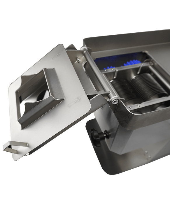 Stainless steel Combisteel meat slicer with fixed blade guard and control panel view 4