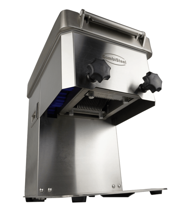 Stainless steel Combisteel meat slicer with fixed blade guard and control panel view 6