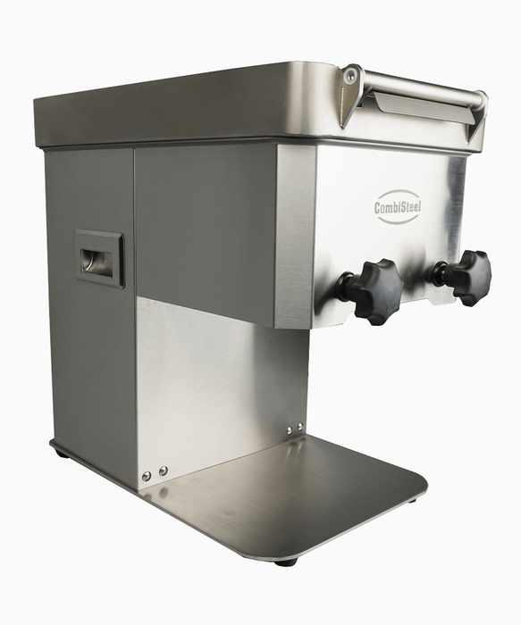 Stainless steel Combisteel meat slicer with fixed blade guard and control panel view 7