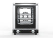 Stainless steel tabletop electric convection oven with door open showing four tray guides