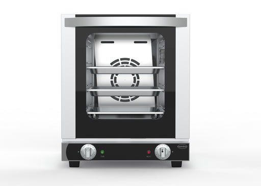 Stainless steel tabletop electric convection oven with door open showing four tray guides