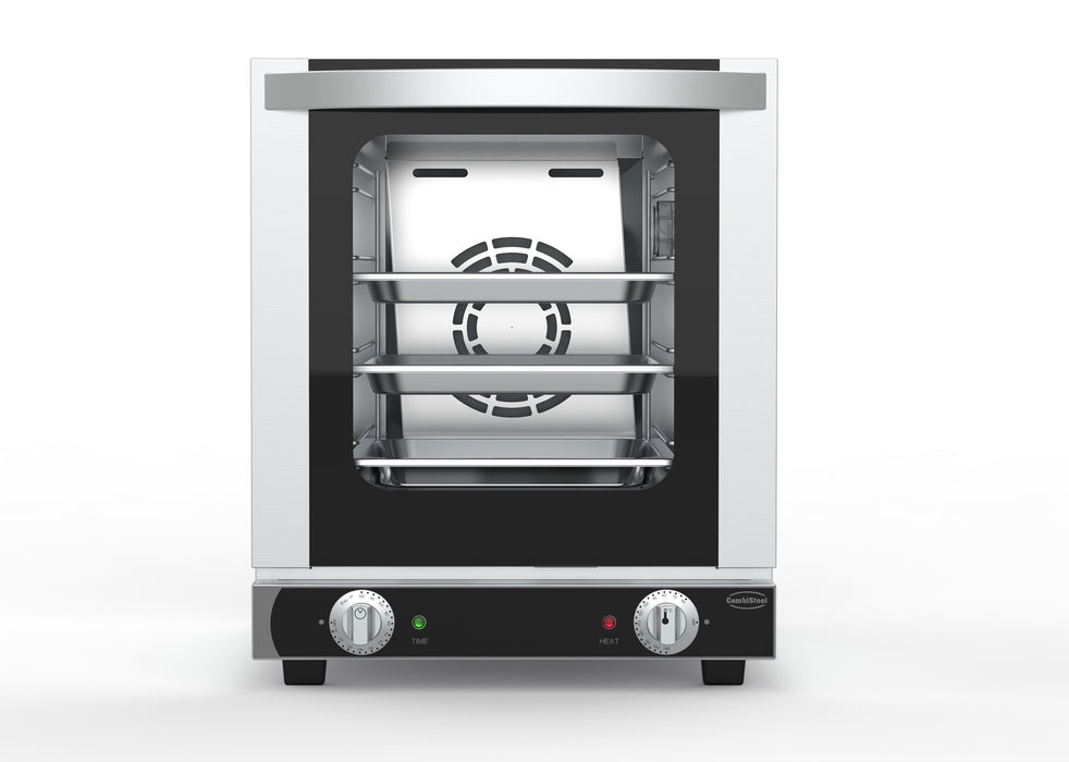 Stainless steel tabletop electric convection oven with door open showing four tray guides