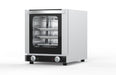 Stainless steel tabletop electric convection oven with door open showing four tray guides view 2