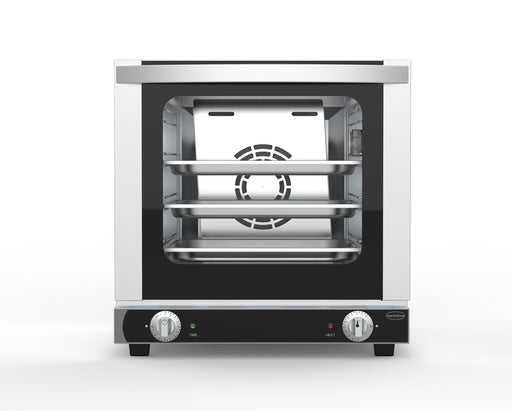 Stainless steel tabletop electric convection oven with bottom-hinged door and four guide racks