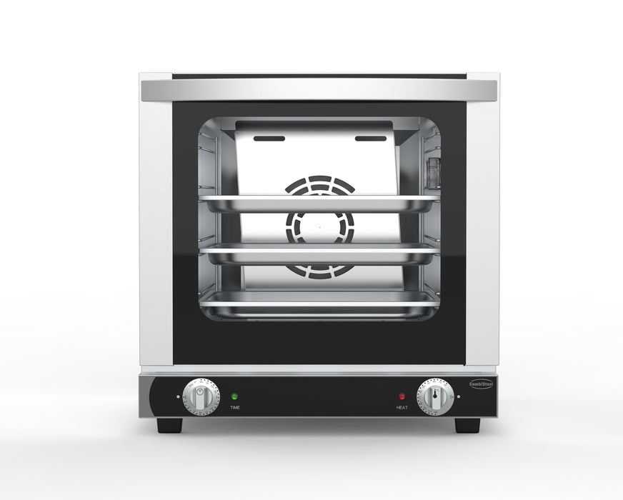 Stainless steel tabletop electric convection oven with bottom-hinged door and four guide racks