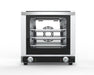 Stainless steel tabletop electric convection oven with bottom-hinged door and four guide racks