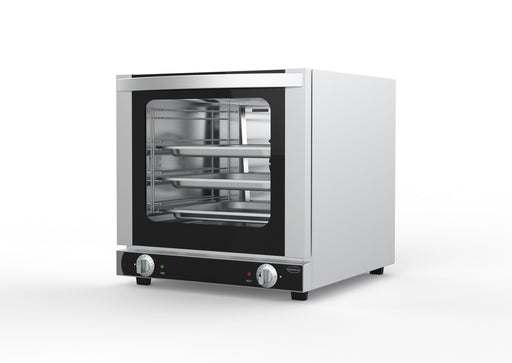Stainless steel tabletop electric convection oven with bottom-hinged door and four guide racks view 2