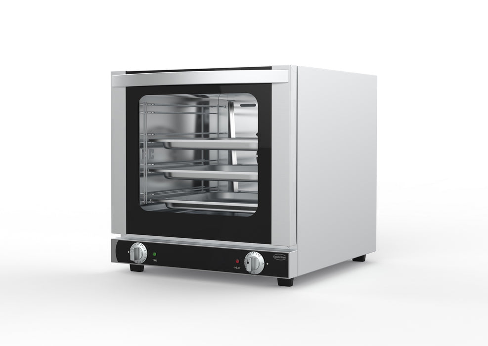 Stainless steel tabletop electric convection oven with bottom-hinged door and four guide racks view 2