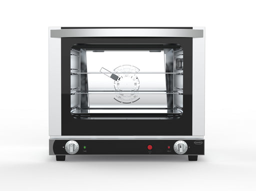 Stainless steel tabletop convection oven with glass door and control knob