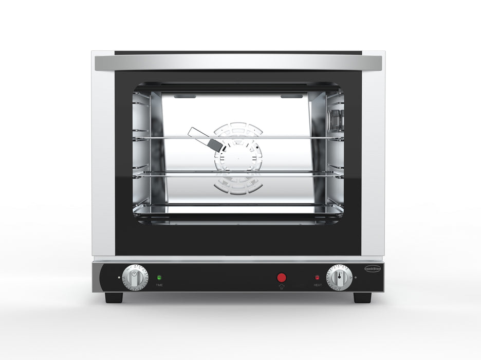 Stainless steel tabletop convection oven with glass door and control knob