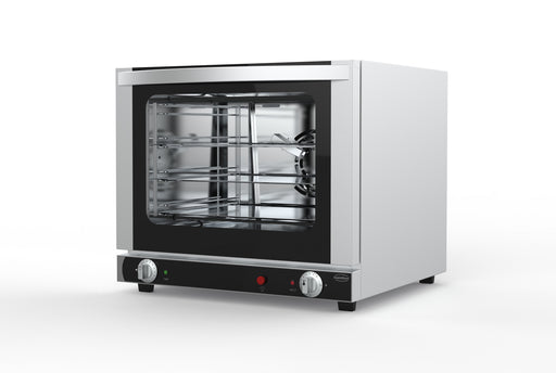 Stainless steel tabletop convection oven with glass door and control knob view 2