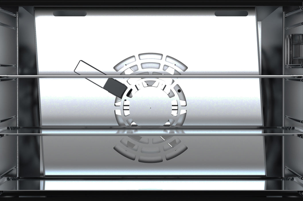 Stainless steel tabletop convection oven with glass door and control knob view 3