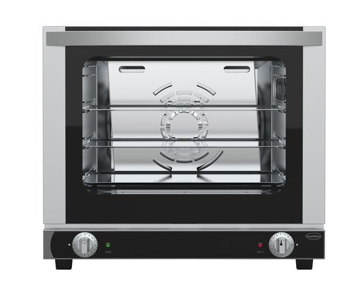 Stainless steel electric convection oven with four shelf guides and aluminium baking tray