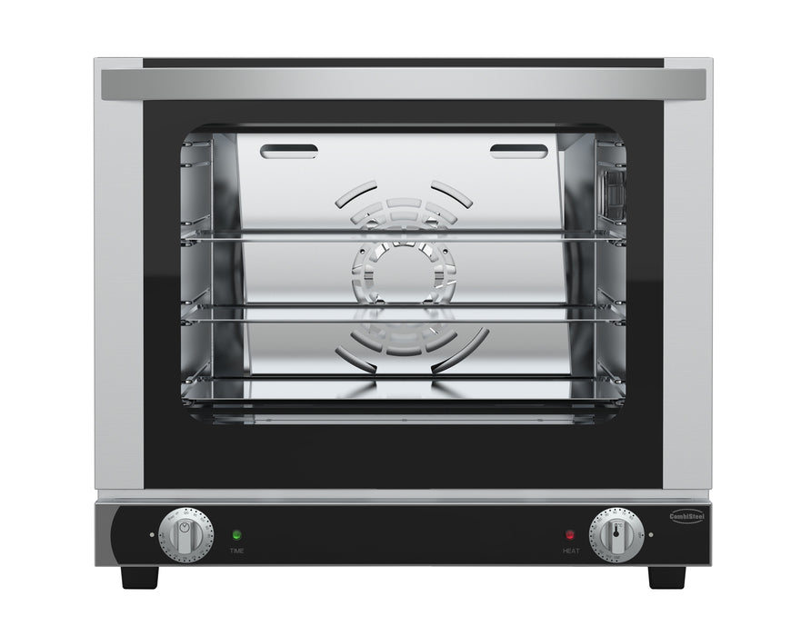 Stainless steel electric convection oven with four shelf guides and aluminium baking tray