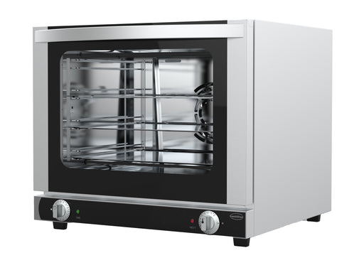 Stainless steel electric convection oven with four shelf guides and aluminium baking tray view 2