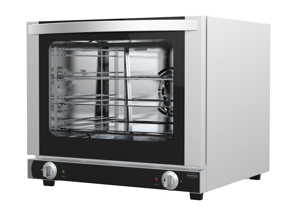 Stainless steel electric convection oven with four shelf guides and aluminium baking tray view 2