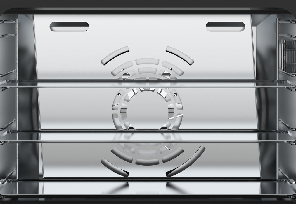 Stainless steel electric convection oven with four shelf guides and aluminium baking tray view 3
