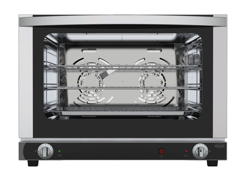 Stainless steel tabletop convection oven with front-hinged door and control knob