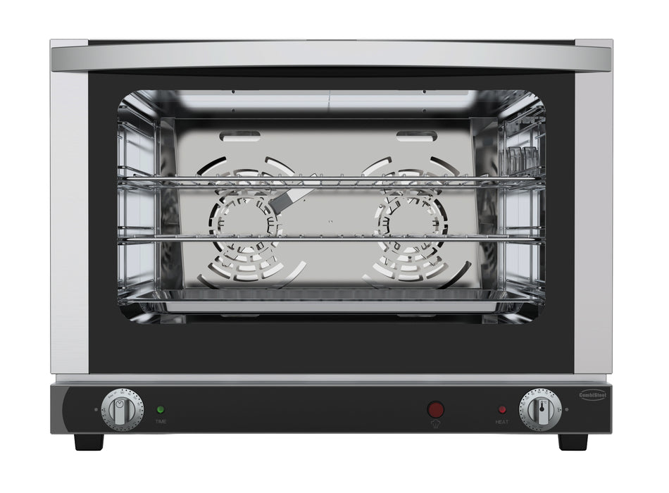 Stainless steel tabletop convection oven with front-hinged door and control knob