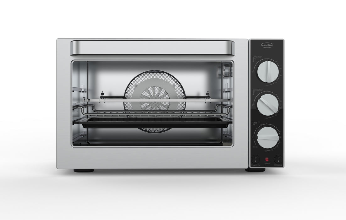 Stainless steel tabletop convection oven with glass door and rotisserie attachment
