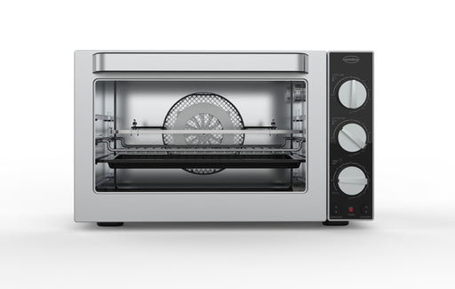 Stainless steel tabletop convection oven with glass door and rotisserie attachment
