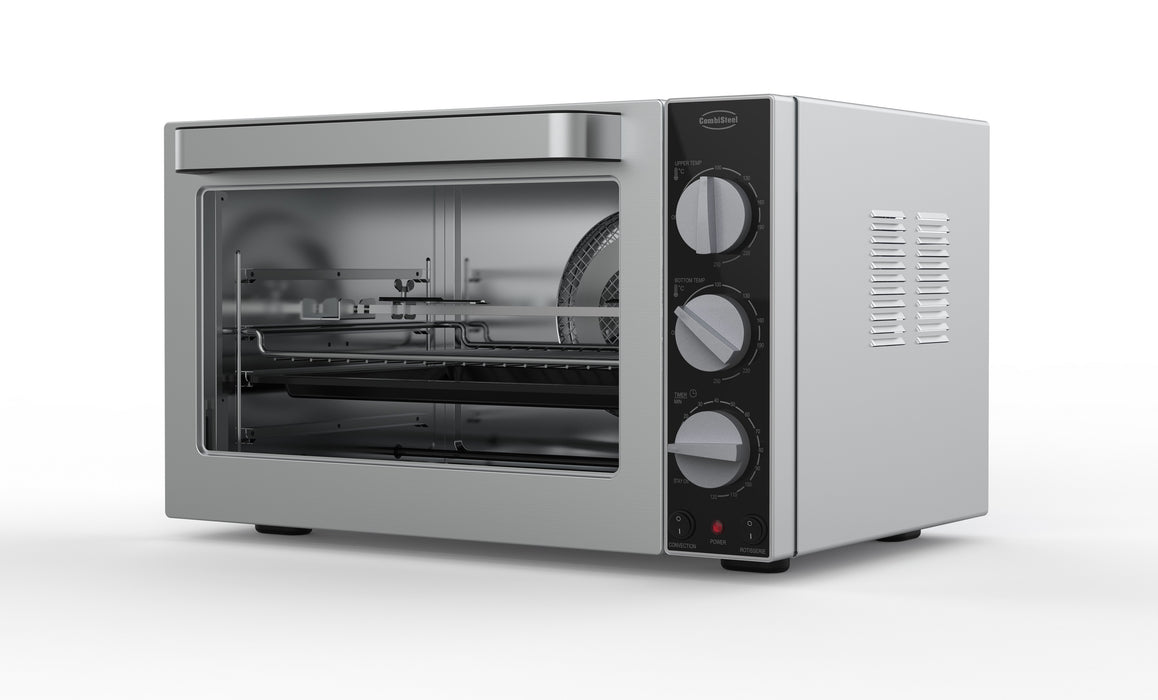 Stainless steel tabletop convection oven with glass door and rotisserie attachment view 2