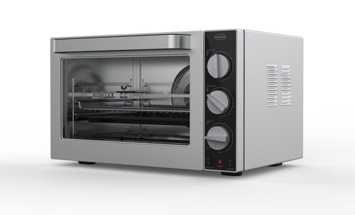 Stainless steel tabletop convection oven with glass door and rotisserie attachment view 2