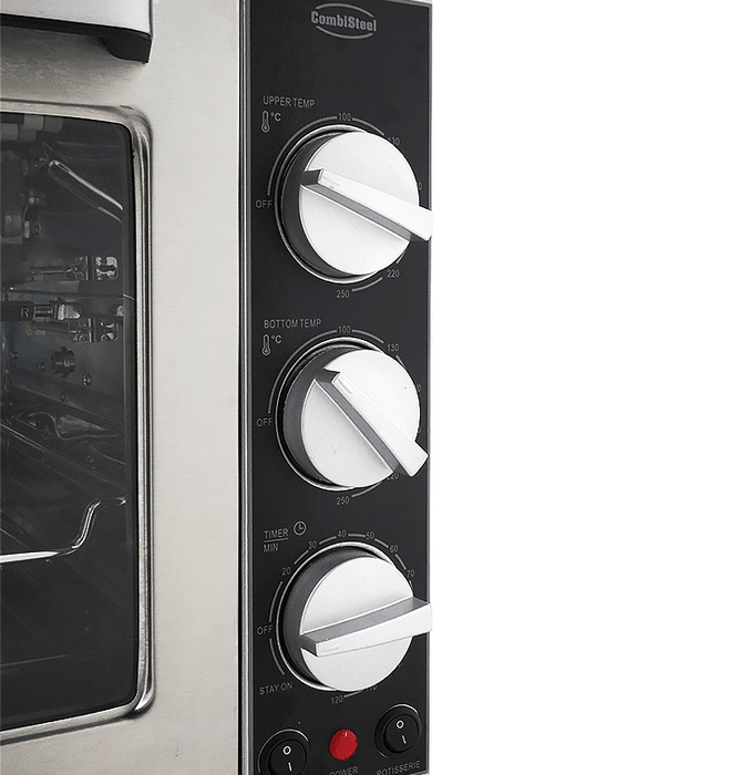Stainless steel tabletop convection oven with glass door and rotisserie attachment view 3