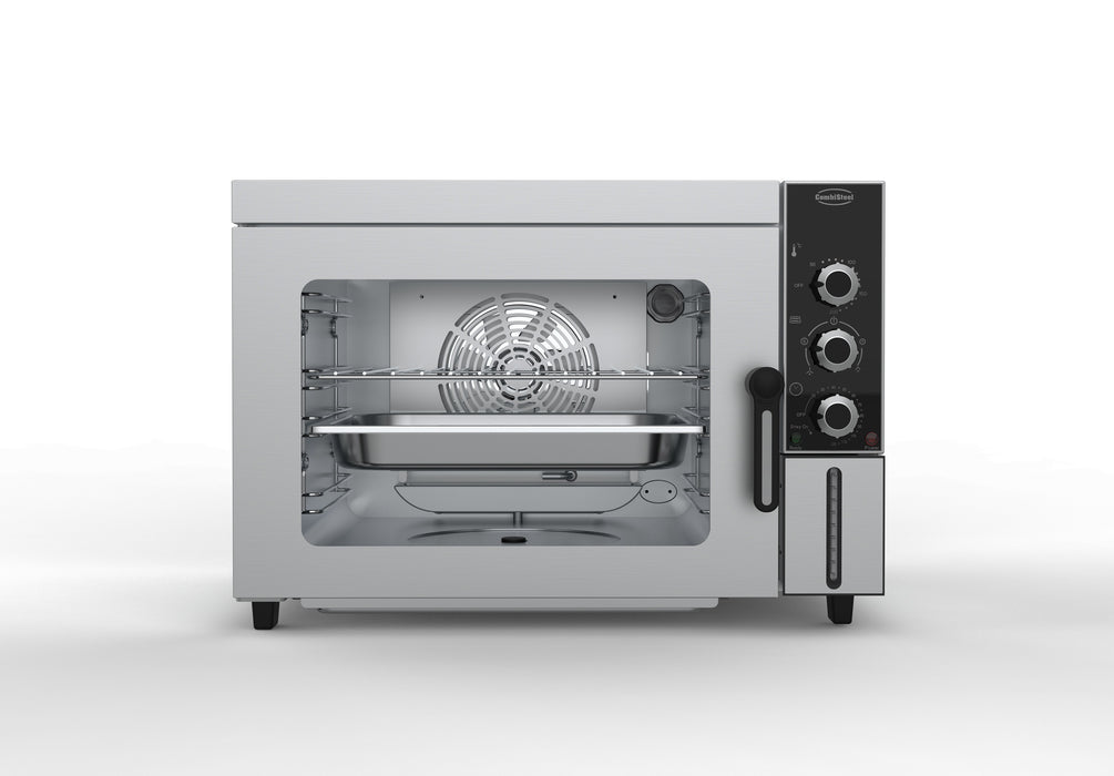 Stainless steel tabletop convection and steam oven with left-hinged door and knob controls