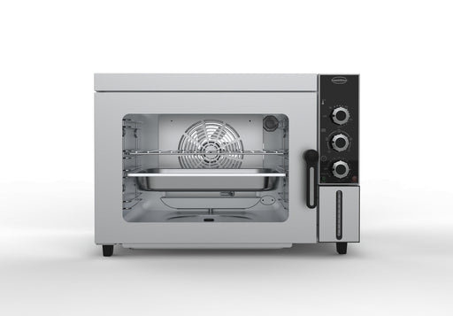 Stainless steel tabletop convection and steam oven with left-hinged door and knob controls