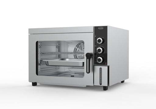 Stainless steel tabletop convection and steam oven with left-hinged door and knob controls view 2