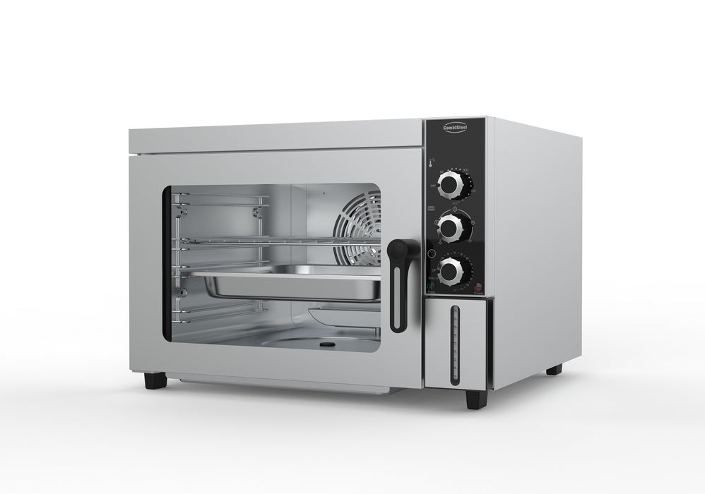 Stainless steel tabletop convection and steam oven with left-hinged door and knob controls view 2