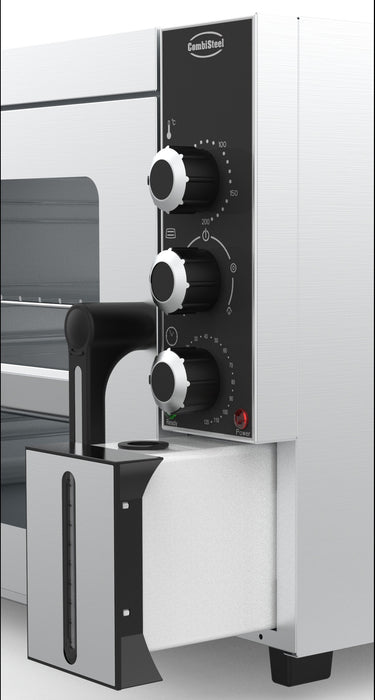 Stainless steel tabletop convection and steam oven with left-hinged door and knob controls view 4