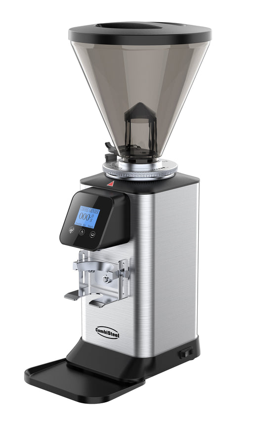 Stainless steel coffee grinder with touchscreen panel and 3 litre hopper capacity