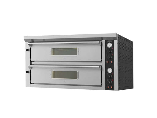 Stainless steel tabletop electric pizza oven with dual cooking chambers