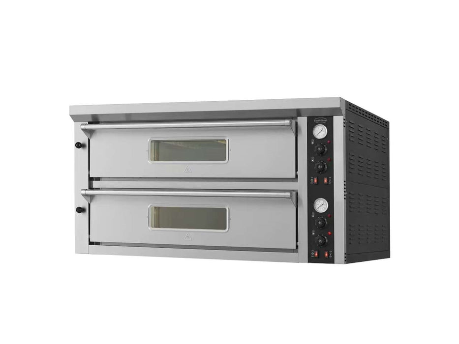 Stainless steel tabletop electric pizza oven with dual cooking chambers