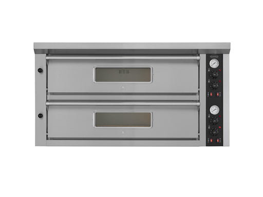 Stainless steel tabletop electric pizza oven with dual cooking chambers view 2