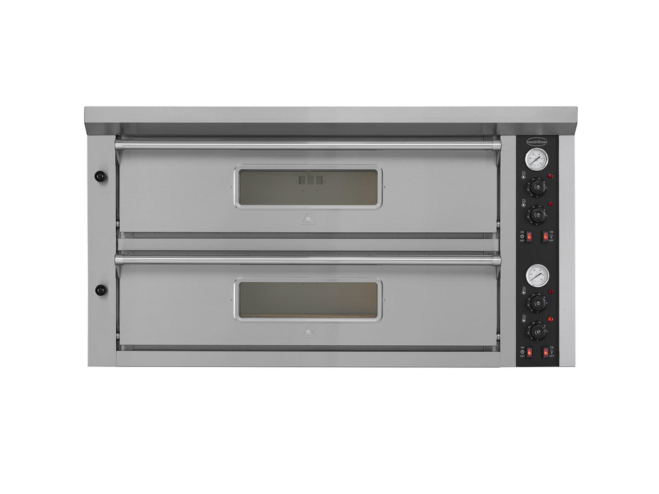 Stainless steel tabletop electric pizza oven with dual cooking chambers view 2