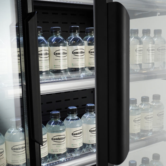 Black wall mounted three door display refrigerator with LED lighting and digital temperature display view 7