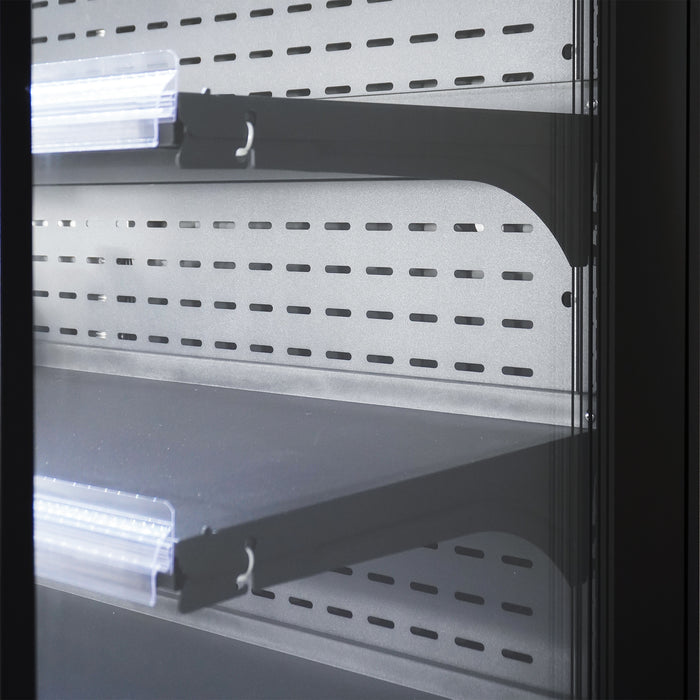 Black wall mounted display fridge with four glass doors and LED interior lighting view 4