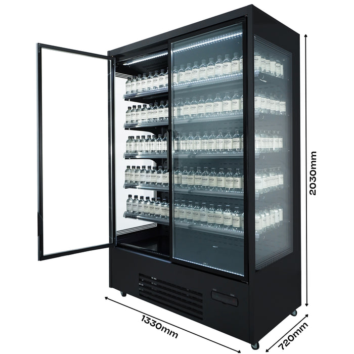Black wall mounted display fridge with twin glass doors and LED interior lighting view 5