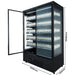 Black wall mounted display fridge with twin glass doors and LED interior lighting view 5