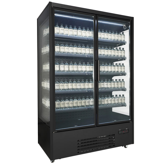 Black wall mounted display fridge with twin glass doors and LED interior lighting view 3
