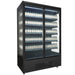 Black wall mounted display fridge with twin glass doors and LED interior lighting view 3
