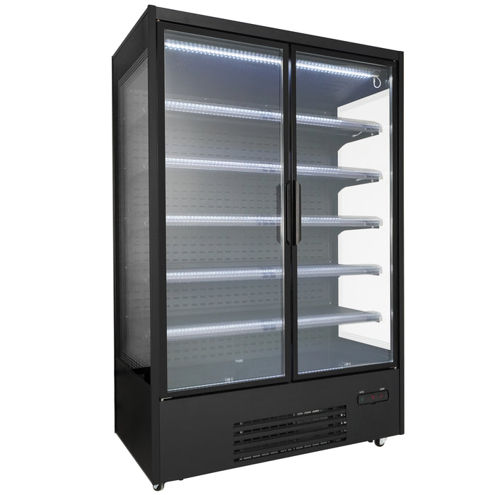 Black wall mounted display fridge with twin glass doors and LED interior lighting view 2
