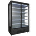 Black wall mounted display fridge with twin glass doors and LED interior lighting view 2