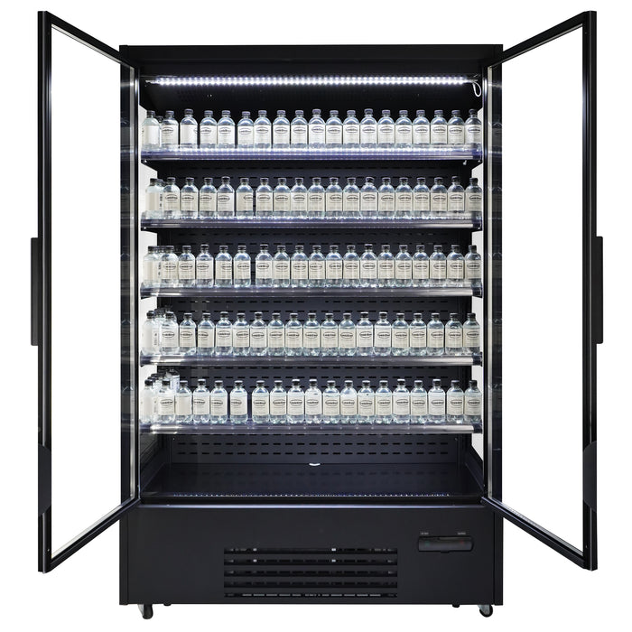 Black wall mounted display fridge with twin glass doors and LED interior lighting view 4