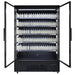 Black wall mounted display fridge with twin glass doors and LED interior lighting view 4