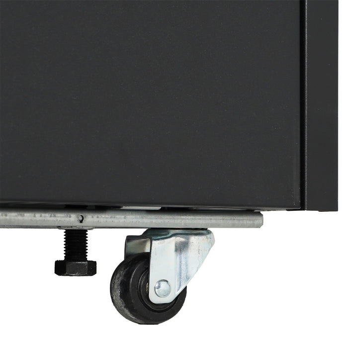 Black wall mounted display fridge with twin glass doors and LED interior lighting view 6