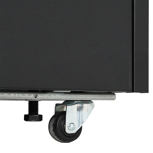 Black wall mounted display fridge with four glass doors and LED interior lighting view 2